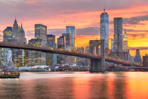 Golden hour at Brooklyn Bridge Park looking toward Lower Manhattan