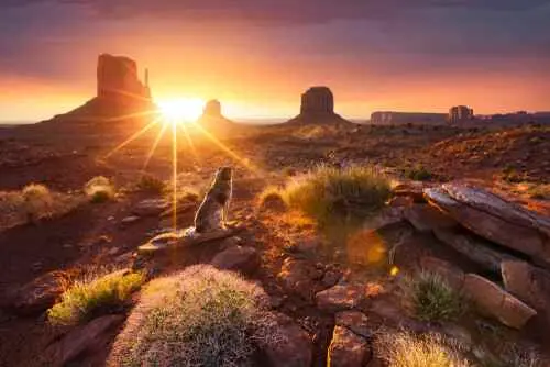 A breathtaking desert sunset over Papago Park's red buttes in Phoenix, capturing the allure of a warm escape