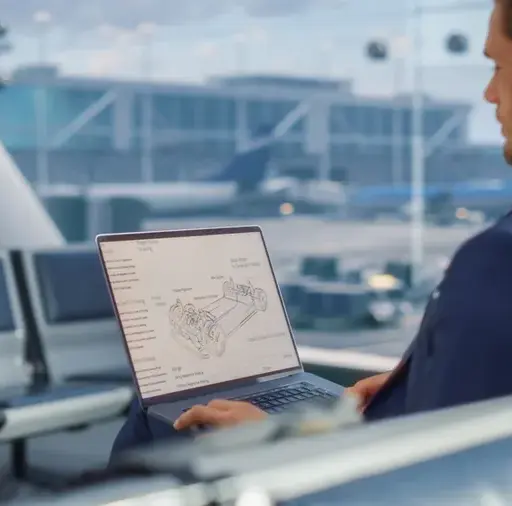 Traveller researching flight prices on a laptop at an airport gate