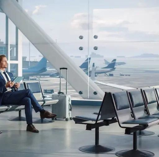 Confident business traveller at an airport gate reviewing flight options with clear intent