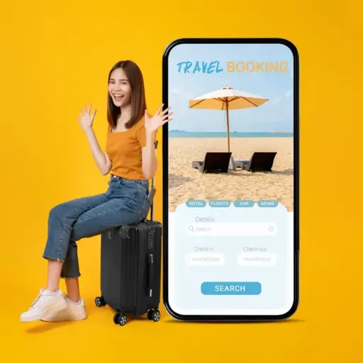 Traveller with luggage confidently reviewing flight booking options on a smartphone