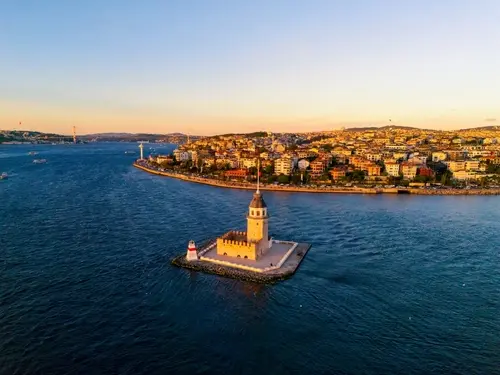 Istanbul skyline at sunset viewed from Galata Bridge