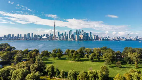 Toronto skyline viewed from the Islands at sunset